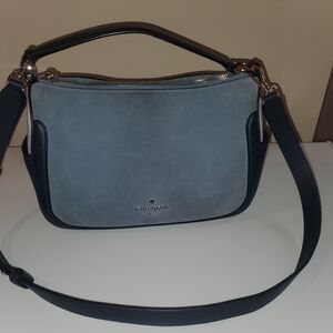 kate spade blue suede and black leather top-handle crossbody
